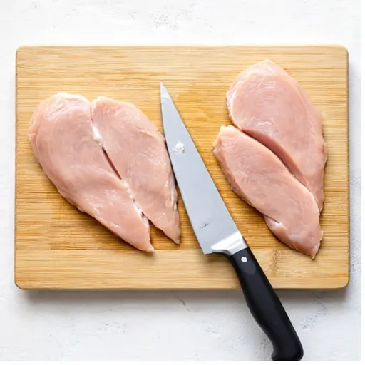 Step 1: Slicing chicken fillets thin