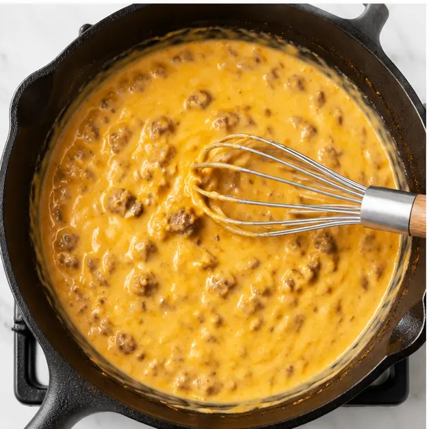 Step 3: Whisking the creamy cheddar cheese sauce until smooth
