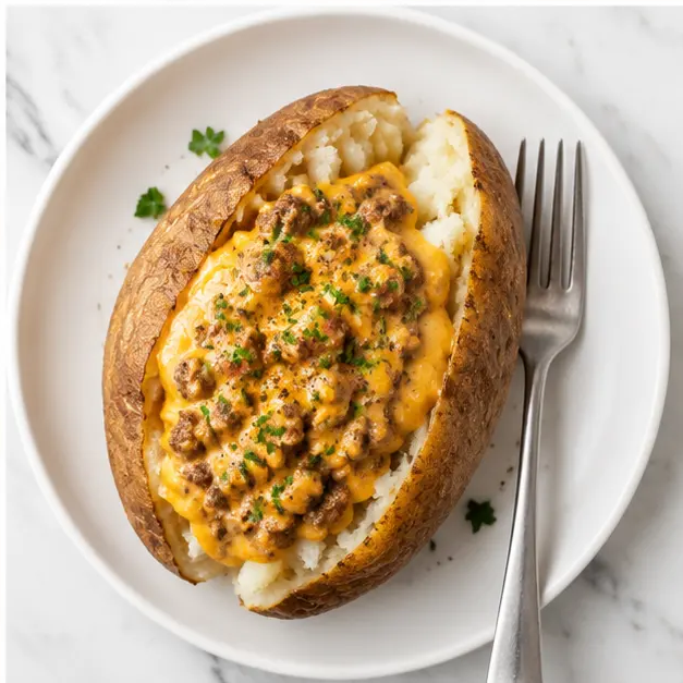 Step 4: Assembling the loaded baked potato with parsley garnish
