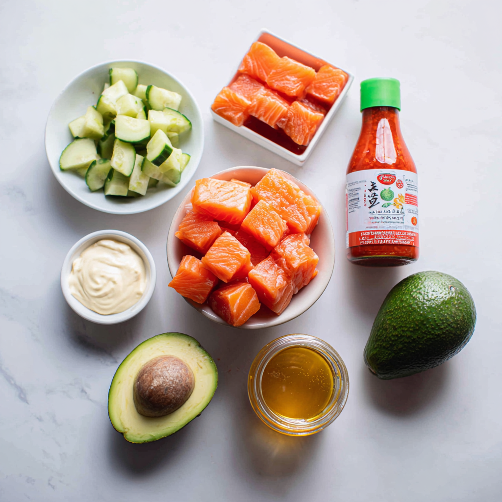 bang bang salmon - main ingredients on white surface