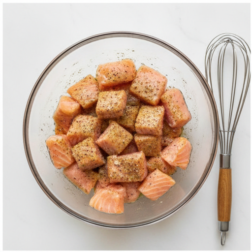 bang bang salmon - seasoning raw salmon cubes in bowl