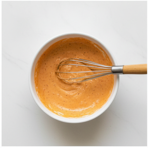 bang bang salmon - whisking creamy orange sauce in bowl
