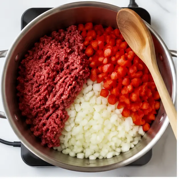 Step 1: Browning ground beef with diced bell pepper and onion