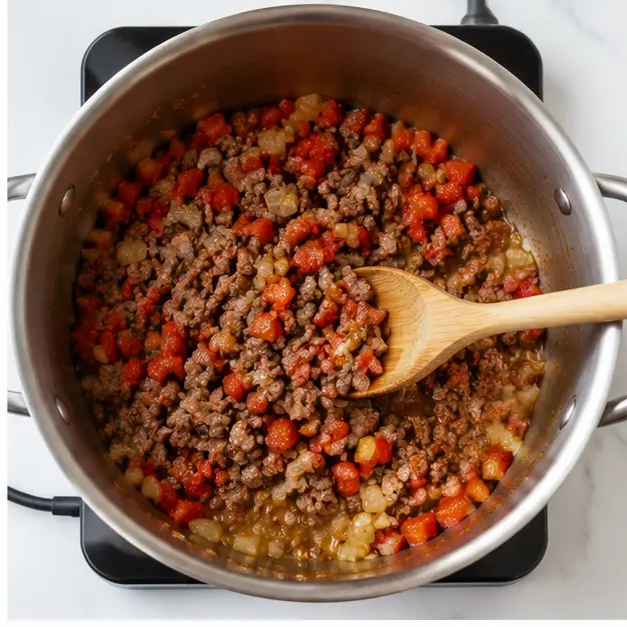 Step 2: Sautéed vegetables and browned meat ready for liquid