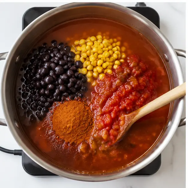 Step 3: Adding broth, beans, corn, salsa, and seasoning