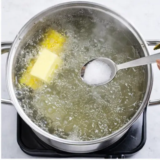 Step 2: Adding butter and sugar to boiling water
