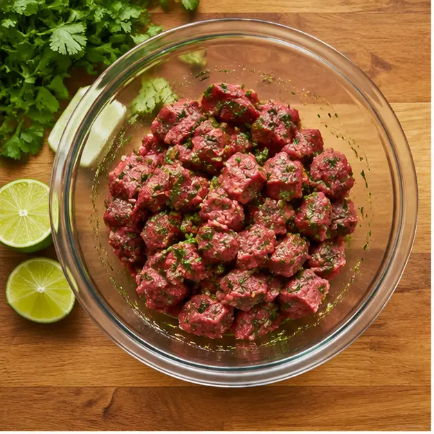 Step 1: Marinating diced carne asada