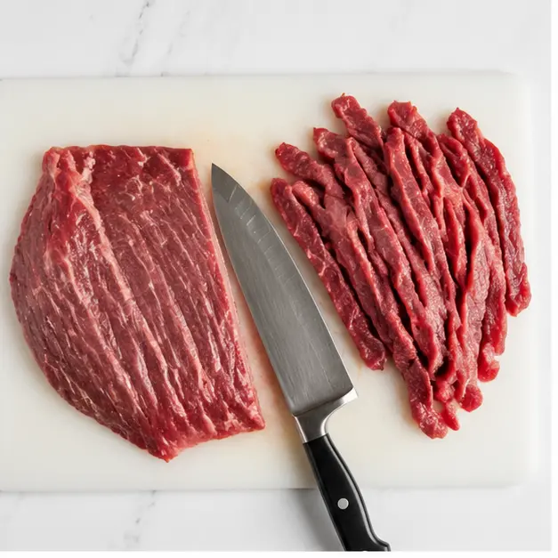 Step 1: Slicing flank steak against the grain into thin strips