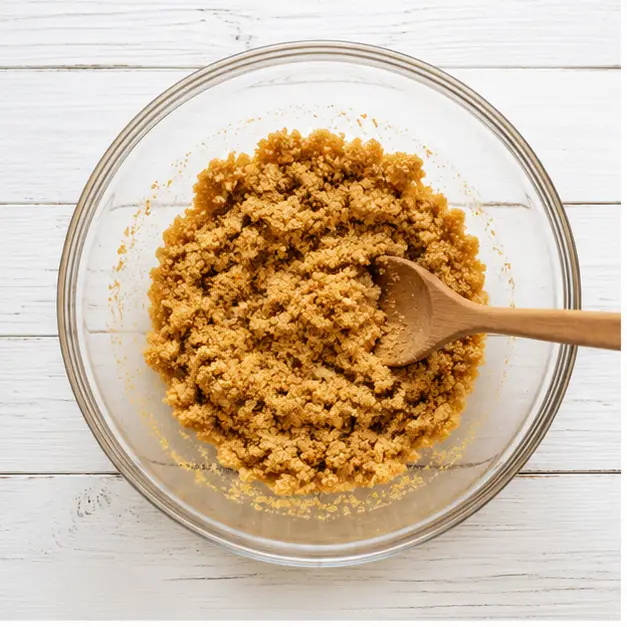 Step 1: Mixing graham cracker crumbs with melted butter