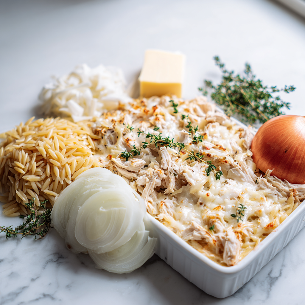 chicken orzo bake - main ingredients