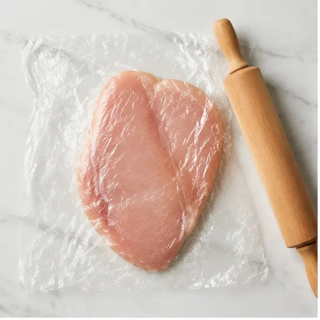 Step 1: Flattening chicken fillet to even thickness