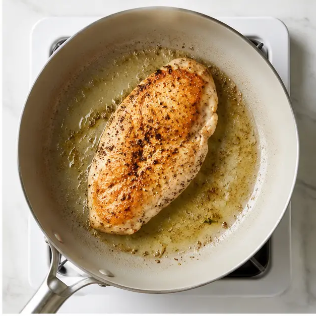 Step 2: Searing seasoned chicken in olive oil until golden