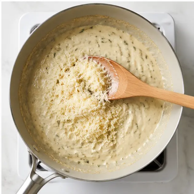 Step 4: Simmering cream sauce with Parmesan cheese