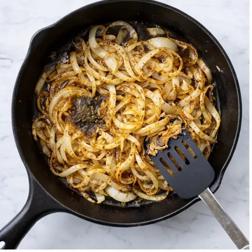Step 1: Caramelizing sliced yellow onions in butter and olive oil