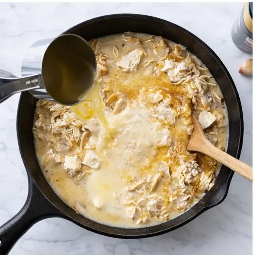Step 3: Pouring chicken broth and heavy cream into the skillet