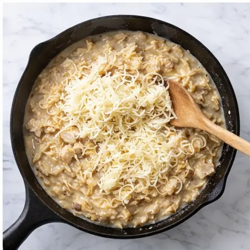 Step 4: Stirring in shredded mozzarella and Parmesan cheese