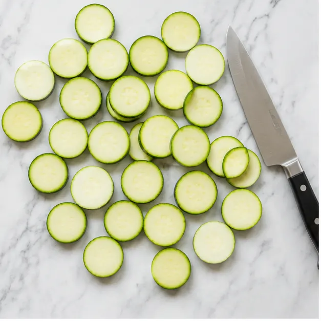 Step 1: Slicing zucchini into even rounds