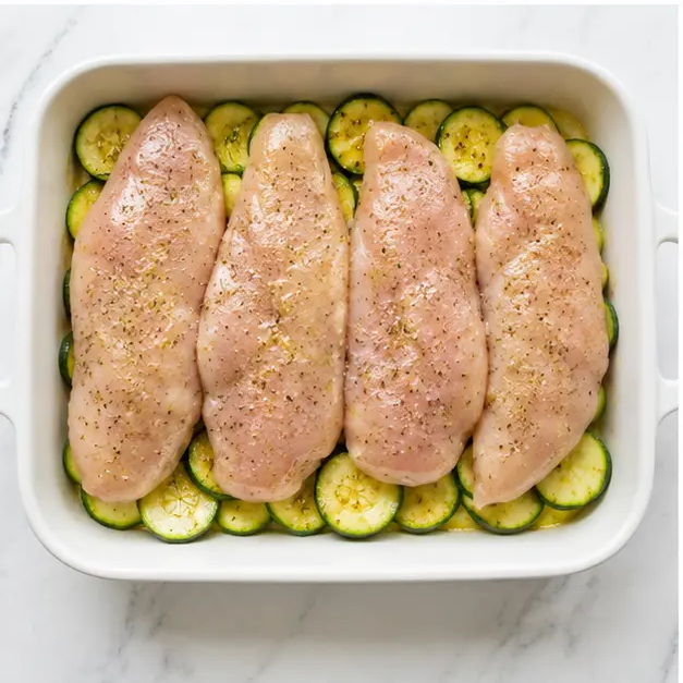 Step 3: Layering zucchini and chicken in baking dish