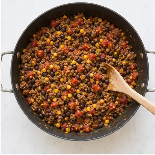 Step 2: Adding smoked beef, beans, corn, and tomatoes to the skillet