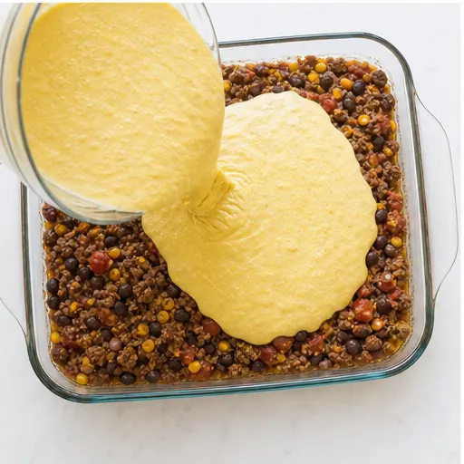 Step 3: Pouring cornbread batter over the beef filling in baking dish