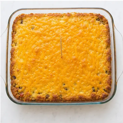 Step 4: Baked casserole with golden cornbread and melted cheese