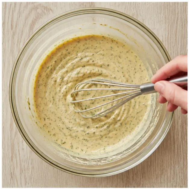 Whisk the imperial sauce with mayonnaise, mustard, egg, and seasonings