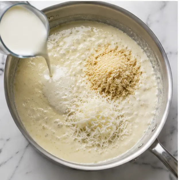 Step 3: Whisk in cream and melt the cheeses