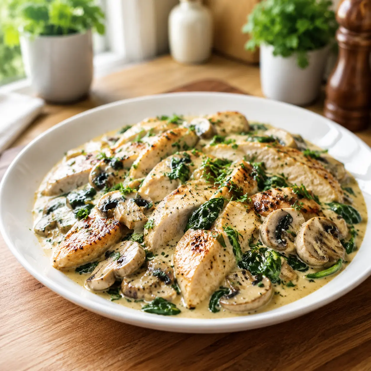 creamy chicken mushroom spinach skillet - final presentation