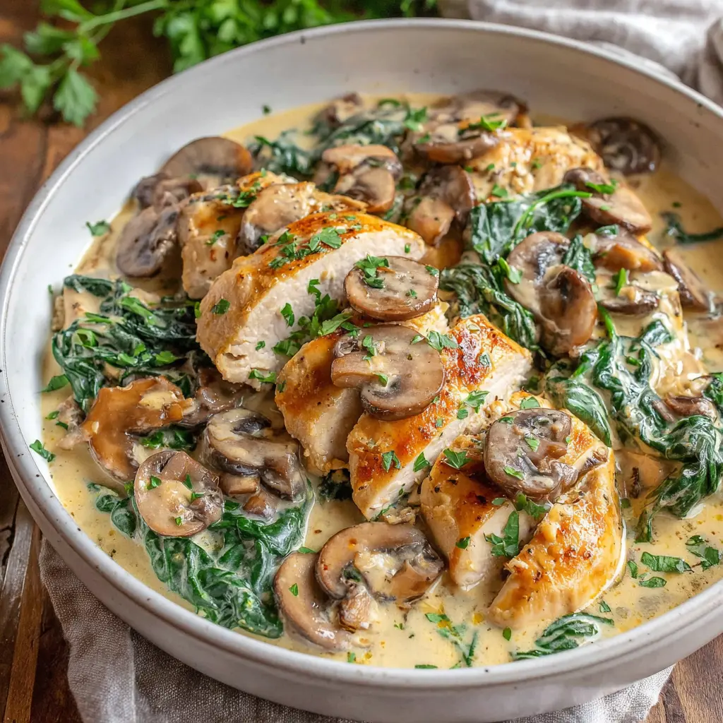 creamy chicken mushroom spinach skillet 512964861