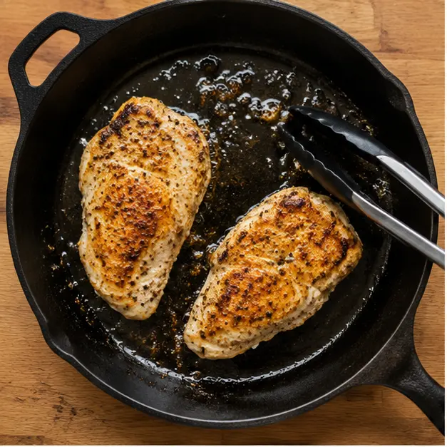 Step 1: Searing seasoned chicken fillets in hot oil