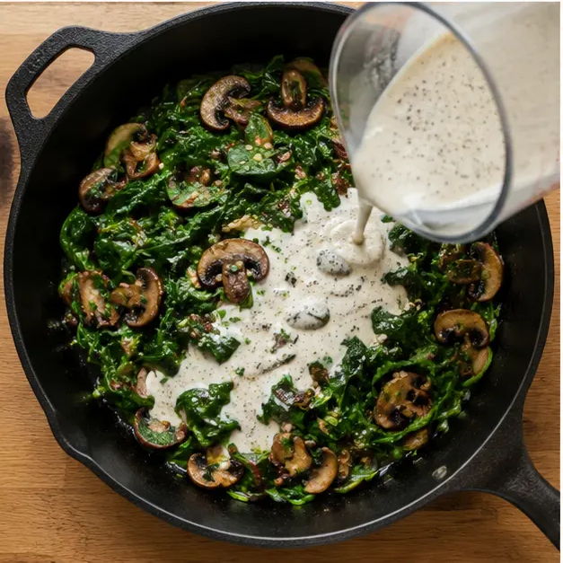 Step 3: Wilting spinach and adding creamy sauce