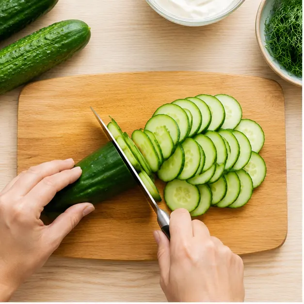 Step 1: Slice cucumbers and scallion