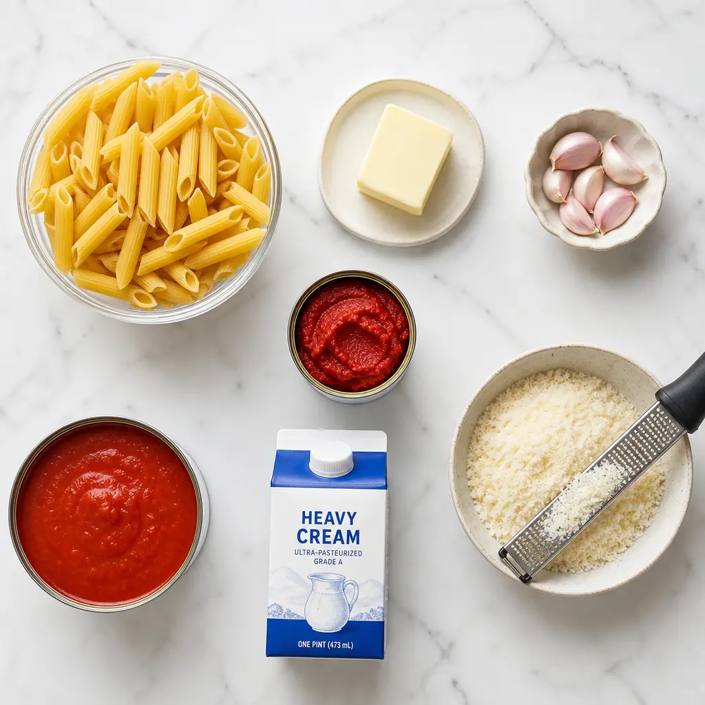 creamy tomato pasta - main ingredients