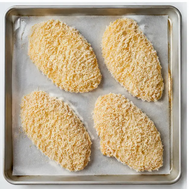Step 3: Arranging breaded chicken on baking sheet