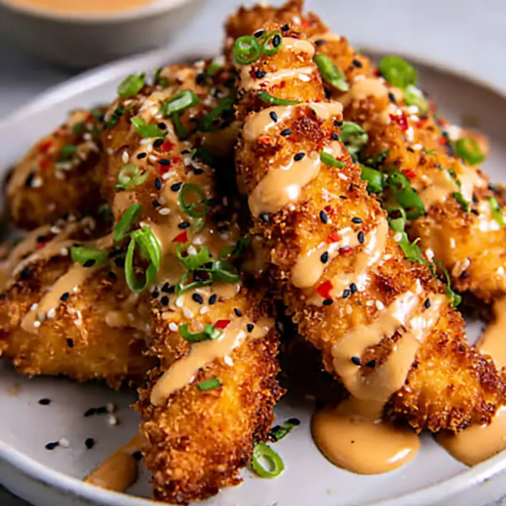 crispy chicken tenders with bang sauce - final presentation