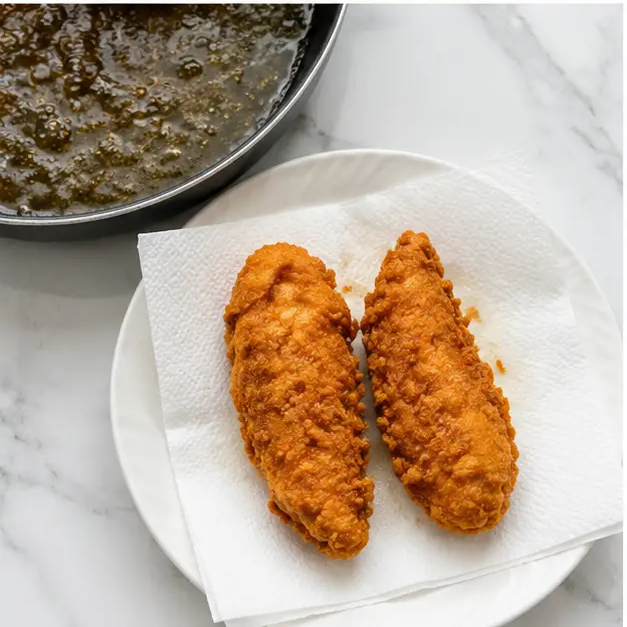 Step 3: Deep frying the battered tenders to golden brown