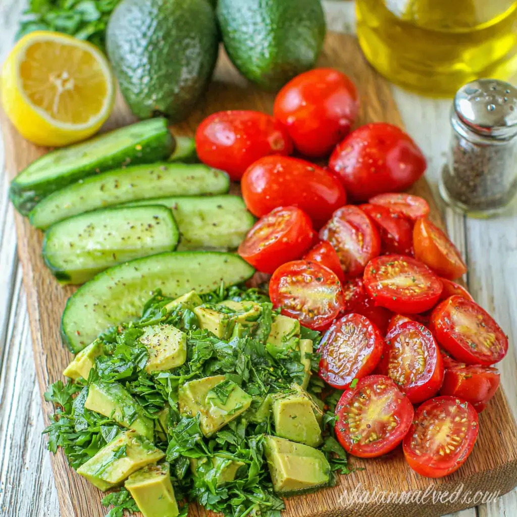 cucumber tomato avocado salad - main ingredients