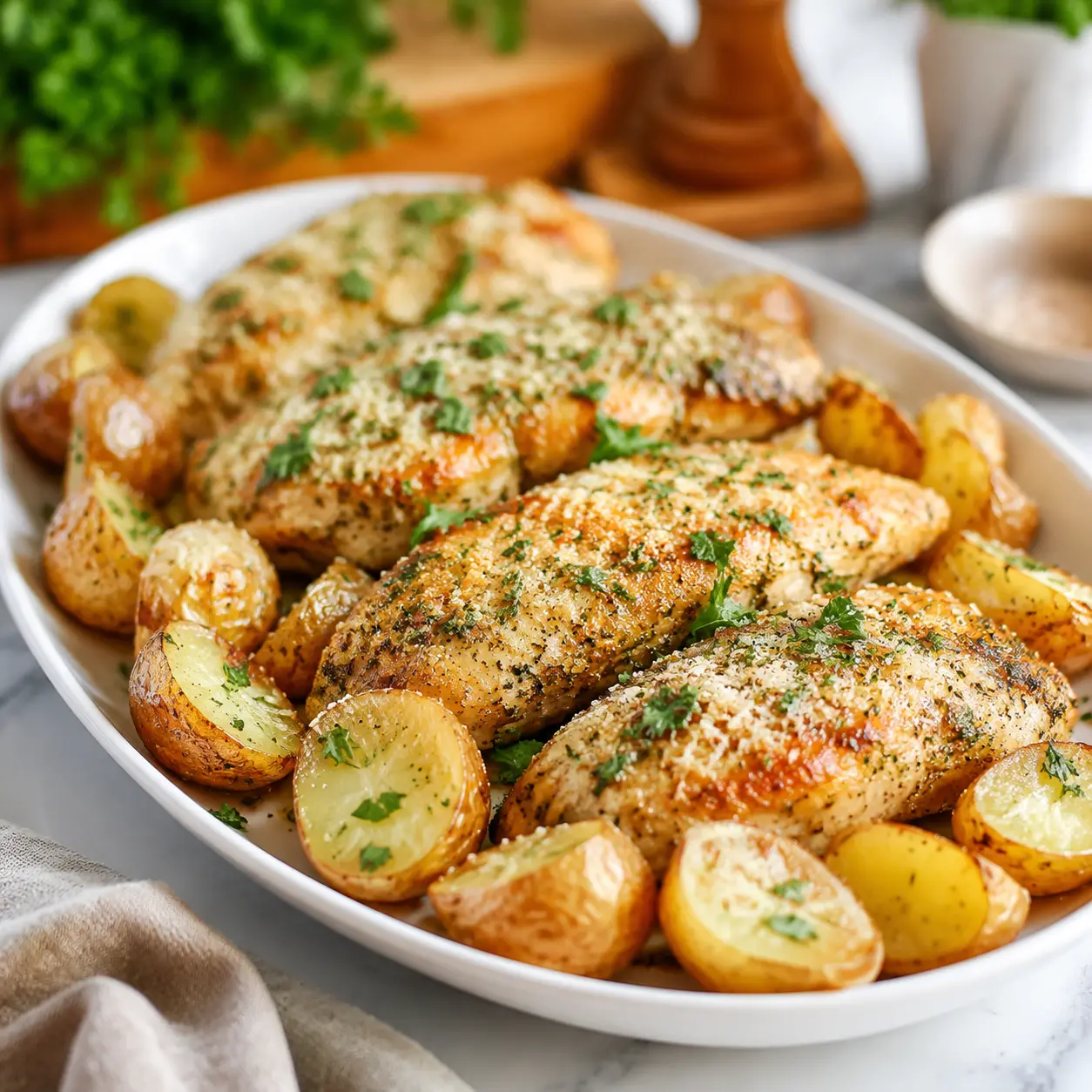 garlic parmesan chicken and potatoes - final presentation