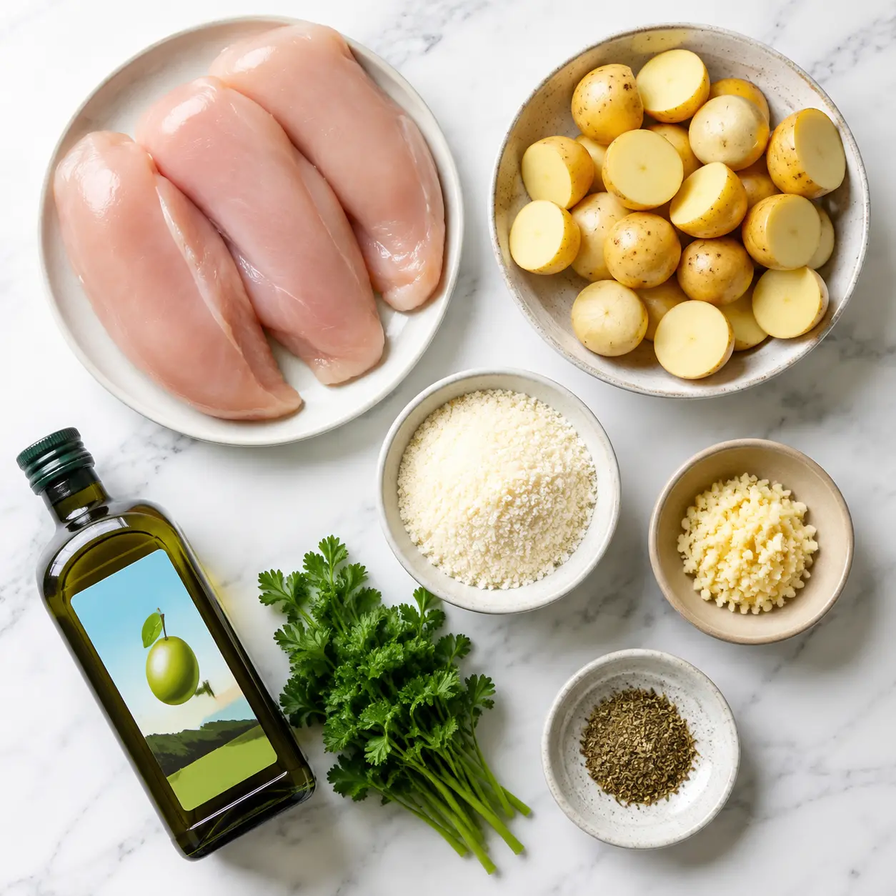 garlic parmesan chicken and potatoes - main ingredients