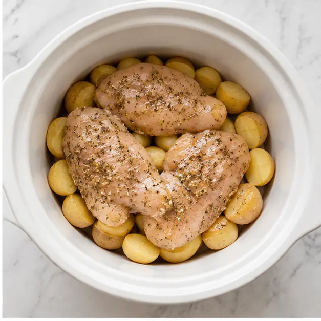 Step 2: Layering potatoes and chicken in the slow cooker
