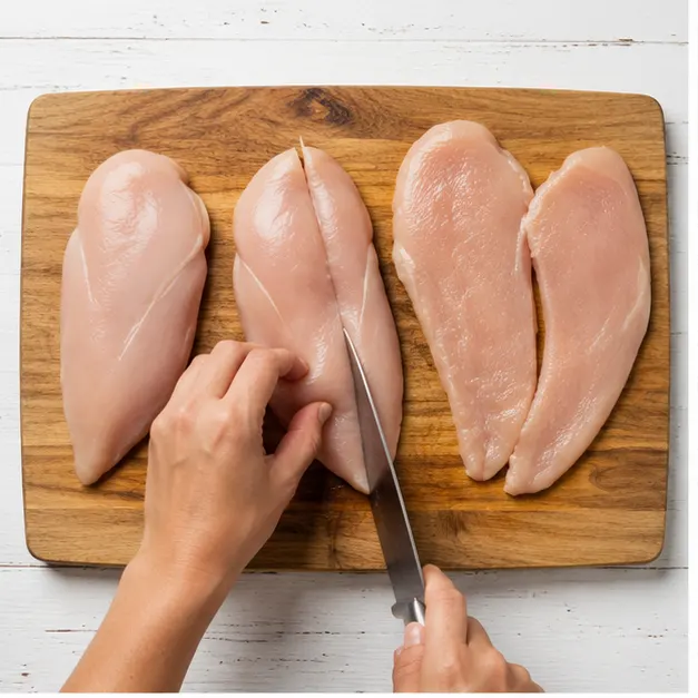 Step 1: Slicing chicken fillets horizontally