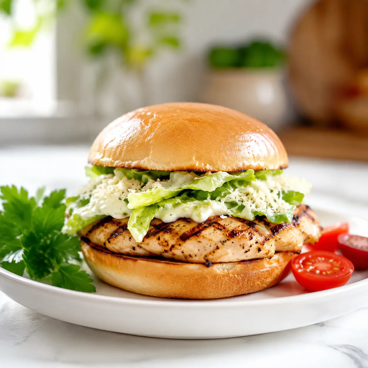 grilled chicken caesar burger - final presentation