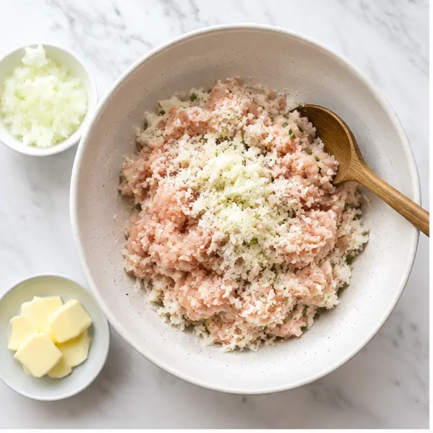 Step 1: Mixing ground chicken with grated onion and butter