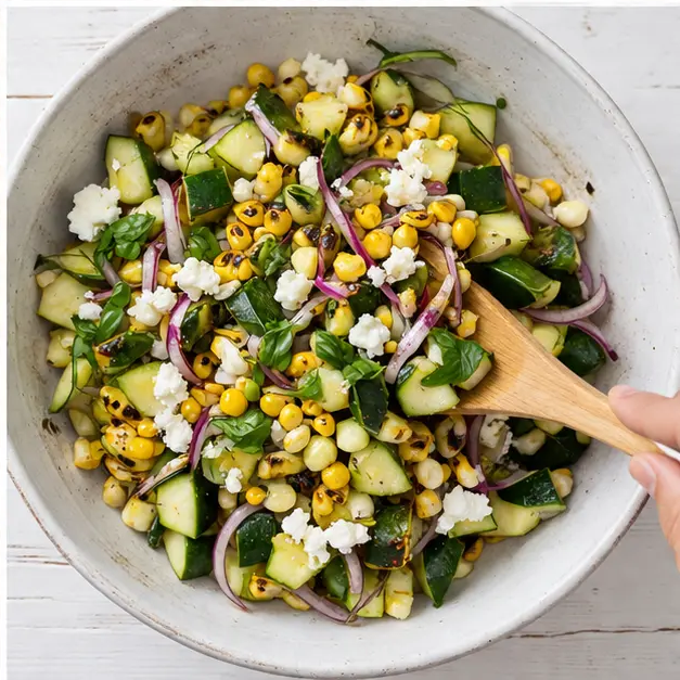 Step 4: Tossing salad with feta and herbs