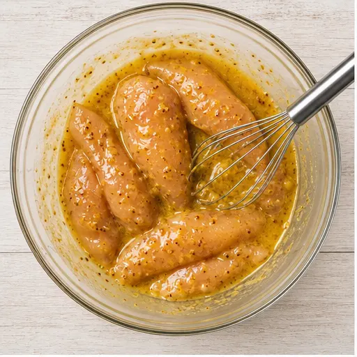 Step 1: Whisk together the honey mustard marinade and coat chicken tenderloins