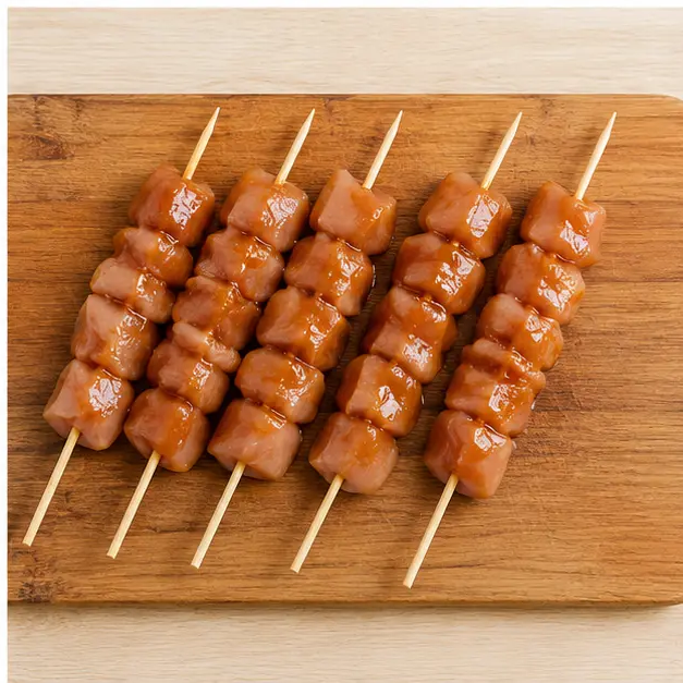 Step 4: Thread chicken onto bamboo skewers