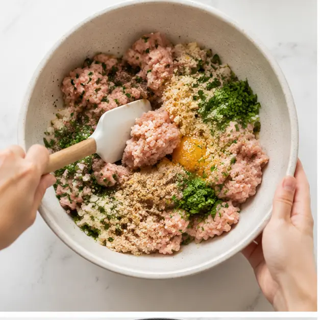 Step 1: Mixing ground turkey with panko, egg, and seasonings