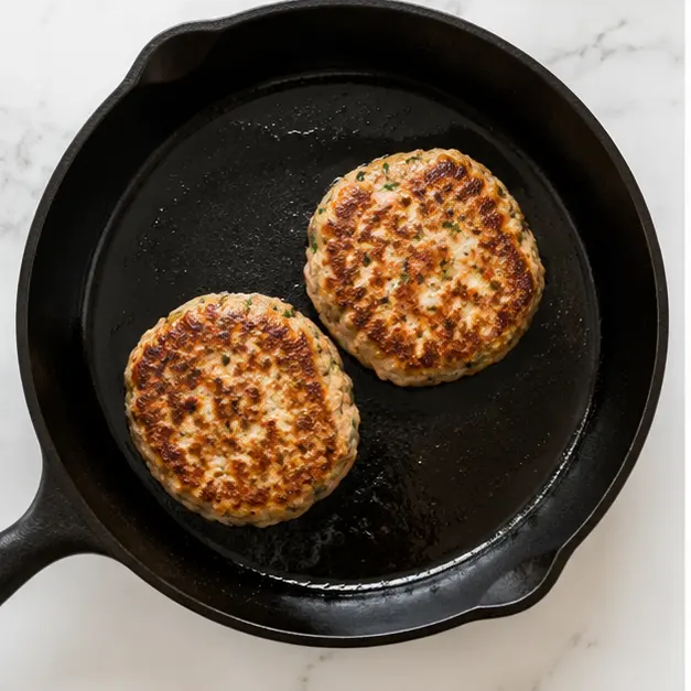 Step 3: Pan-frying patties in cast iron skillet until golden