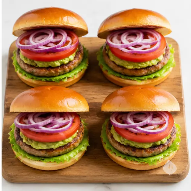 Step 4: Assembling finished burgers with avocado and fresh toppings