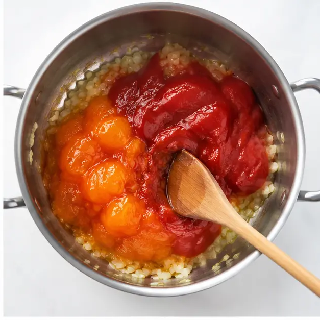 Step 2: Adding apricot preserves and tomato sauce to build the base